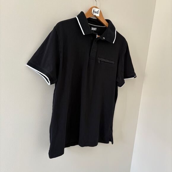 DKNY Black Polo Shirt White-Trimmed Collar see pix for stains/blemishes Men's L - Picture 8 of 11